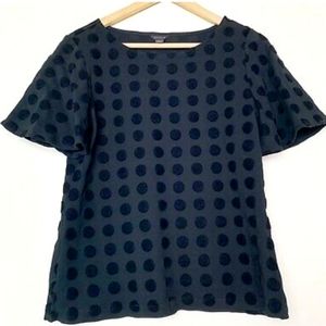 Ann Taylor Large Short Sleeve Top Black Velvet polka dots on black knit Superb